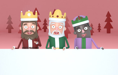 Three magic kings holding  a big white placards in a red forest.

Isolated. Easy automatic vectorization. Easy background remove. Easy color change. Easy combine. 