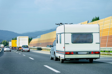 Camper rv on highway road in Slovenia