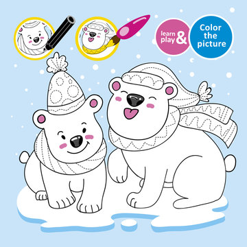 educational game for children. Paint polar teddy bears, scarves, hats on ice. Winter. Color the picture. Development of drawing, color perception skills for kid. Learn and play. Vector illustration