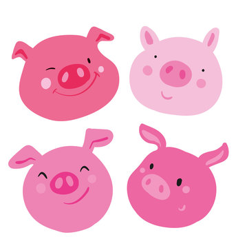 Cute collection of four faces pink pig. Different emotions on each muzzle, used as sticker and emoji. Use as an icon symbol badge mascot. hand drawn vector isolated illustration for chinese new year