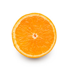Slice of tasty ripe orange on white background