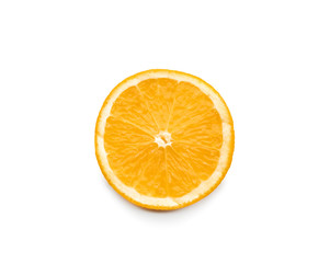 Slice of tasty ripe orange on white background