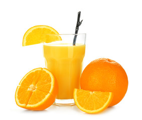 Glass of orange juice and fresh fruit on white background