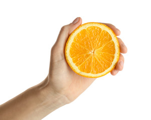 Female hand with orange on white background