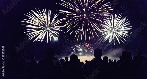Crowd watching fireworks and celebrating new year eve