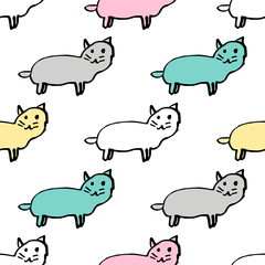 Vector seamless pattern with cats and ravels . Simple hand drawn background with doodle kittens. Pastel colors.
