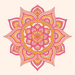 Vector hand drawn doodle mandala. Ethnic mandala with colorful tribal ornament. Isolated. Pink, white and yellow colors. On beige background.