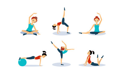 Slim young woman doing fitness workout, active healthy lifestyle concept vector Illustration on a white background