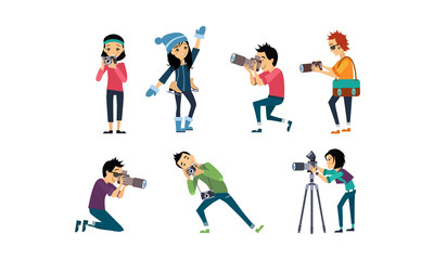 Professional photographer taking photos with camera set vector Illustration on a white background