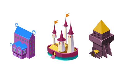 Fairy castle, fortress, fantasy design element for computer game Interface vector Illustration on a white background