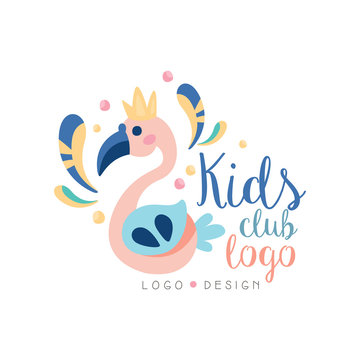 Kids club logo design, emblem with cute flamingo can be used for baby shop, education center, kids market, kindergarten and any other children projects vector Illustration