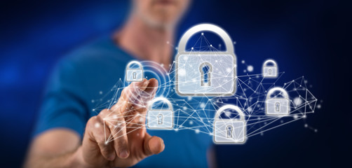 Man touching a network security concept