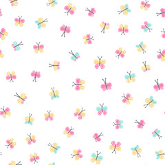 Vector seamless pattern with butterfly in flat style. Colorful elements on white background. Nice childish backdrop in pastel colors.