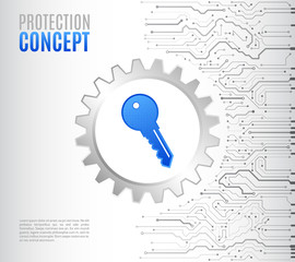 Abstract high tech circuit board with technology key. Security concept background. Cyber data security, information privacy. Global internet network protection.
