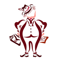 Funny fat young businessman or lawyer with documents and a hat with a feather