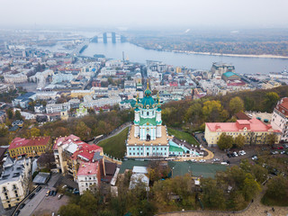Aerial: The Saint Andrew's Church in Kiyv, rainy weather