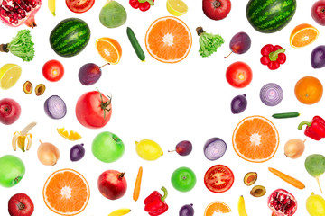 Pattern of vegetables and fruits. Food background Top view Composition of plums, peppers, cucumbers, radish, tomatoes, apples, banana, lemon and orange, watermelon, pomegranate isolated on white frame