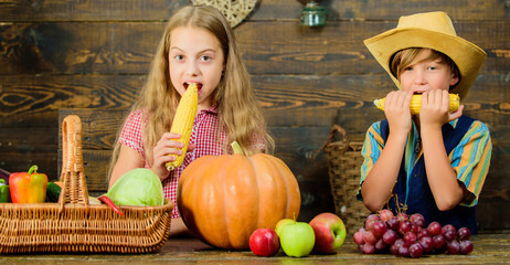 Celebrate harvest festival. Children presenting vegetables wooden background. Kids girl boy celebrate harvest festival rustic style. School festival holiday. Elementary school fall festival idea