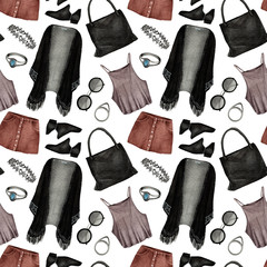 Watercolor Fashion Illustration. set of trendy accessories.Tokyo style.cardigan, crop tops, skirt, boots,choker,bag,sunglasses.rings, seamless pattern, light background