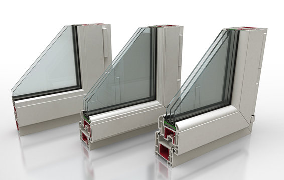 Vista finestre in sezioni e loro componenti, serramenti, illustrazioen 3d