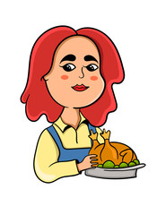 cartoon woman chef holding dish with fried chicken, vector illustration