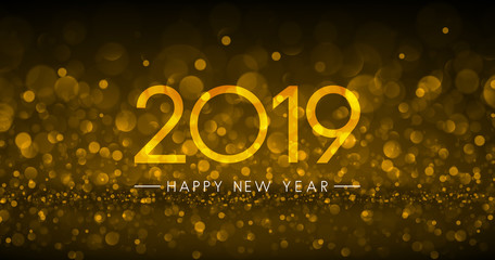 Golden bokeh 2019 Happy New Year greeting card.