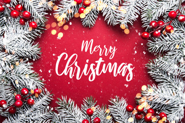 Red Merry Christmas and Happy Holidays greeting card, frame, banner. New Year. Winter holidays.