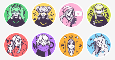 A set of cute anime girls illustrations in various clothes doing different activities with different expressions. Stickers or badges