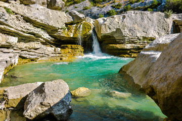 small waterfall of the river Méouge, Gorges de la Méouge, Provence, France, near serre, valley de Buëch