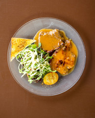 Grilled steak beef, pork and vegetable with swet sauce