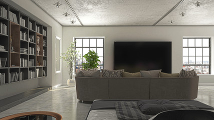 Monolocale con camera da letto e libreria, divano e televisore, illustrazione 3d