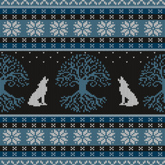 Winter night, Tree of life and howling wolves. Knitted woolen seamless pattern