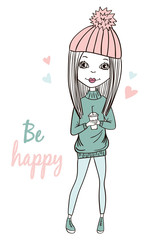 Fashionable girl vector cute character casual winter outfit. Hand drawn doodle style. Fashion and style, clothing and accessories. Vector illustration for a postcard or poster.