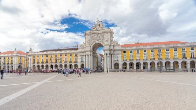 Triumphal arch at Rua Augusta at Commerce square timelapse hyperlapse in Lisbon, Portugal.