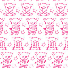 Seamless pattern with cute cartoon pigs