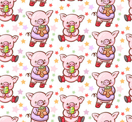 Seamless pattern with cute cartoon pigs