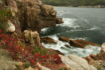 View of the rocky coast of the Atlantic Ocean. USA. Man Acadia National Park.

