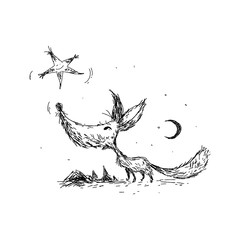 Black and white sketch drawing of a cute little fox playing with smiling star in the night.
