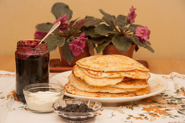 Breakfast of handmade freshly baked pancakes on the Shrovetide
