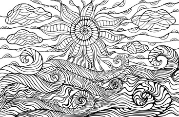 Doodle sun, clouds and ocean waves coloring page for children and adults.