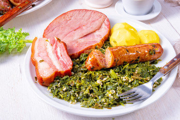 a delicious genuine oldenburger kale with peeked pinkel sausage