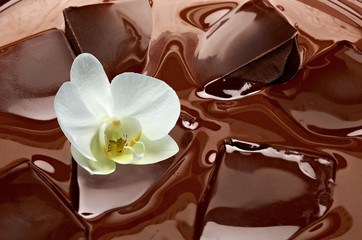 Melted or melting dark chocolate bars in bowl