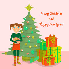 girl holds gift box,stands near decorated christmas tree and pile of colorful gift boxes, merry christmas and happy new year text