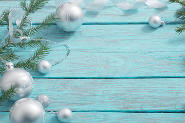 Christmas decoration on blue wooden background