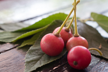 Closeup of Jamaican cherry on wooden board