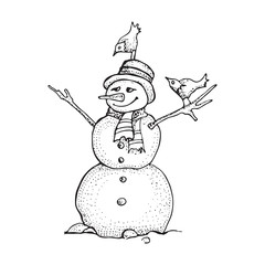 Snowman with birds in  sketched style. Cute winter holiday icon. Black line ink person in hat and knitted scarf. Vector hand drawn doodle illustration isolated on white background.