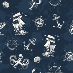Vintage sea and nautical seamless pattern