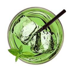 Mint cocktail, green mentha drink or mint and straw isolated on white background