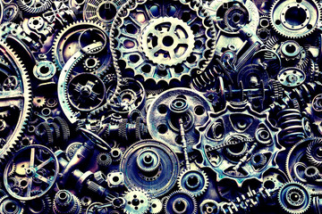 Steampunk background, machine parts, large gears and chains from machines and tractors.