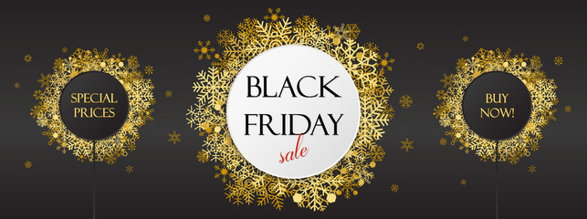 Black friday offers, black friday banner with golden snowflakes on dark background 